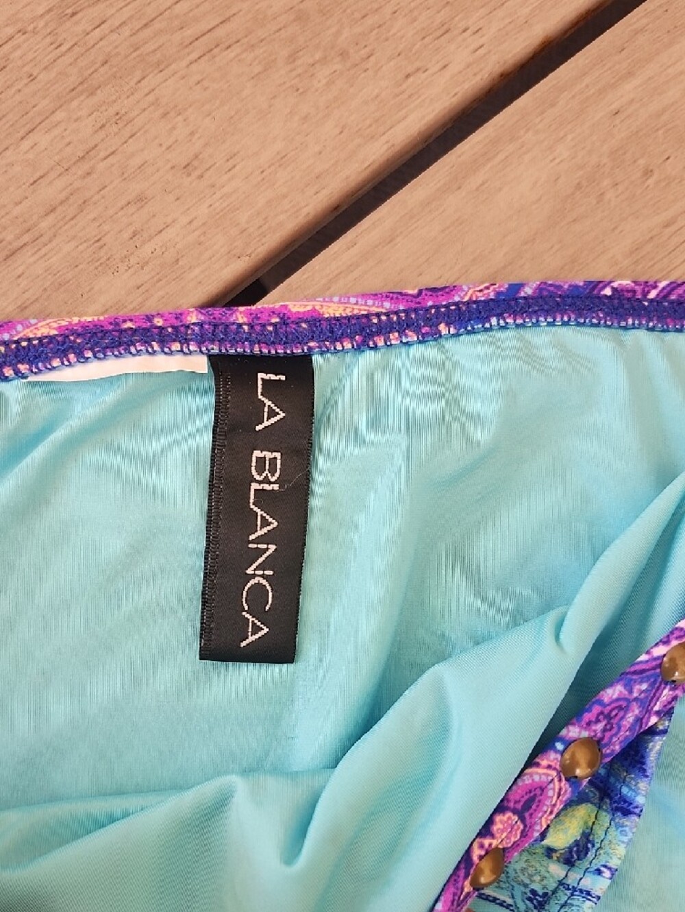 La Blanca Turquoise Bikini Bottom with Multicolor Paisley Waistband - Picture 2 of 5